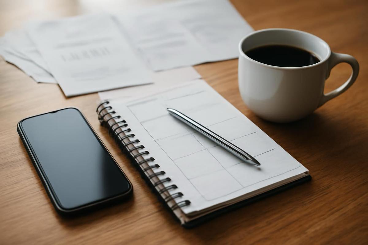 Mesa organizada com celular, agenda e café, representando gestão de tempo no trabalho com IA.