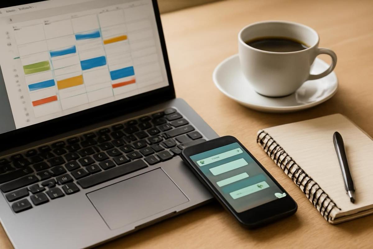 Mesa de trabalho com laptop mostrando agenda do Outlook, smartphone com WhatsApp e caderno