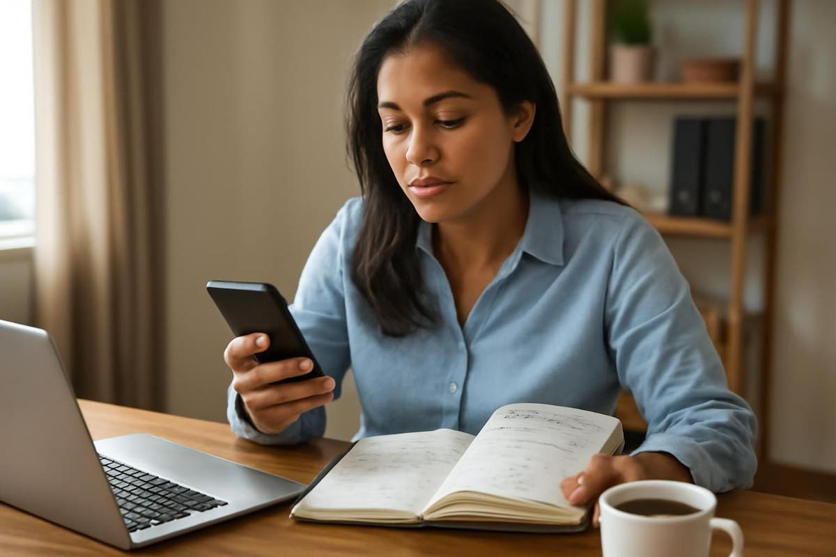 Profissional brasileiro ocupado em home office com celular e agenda planejando site