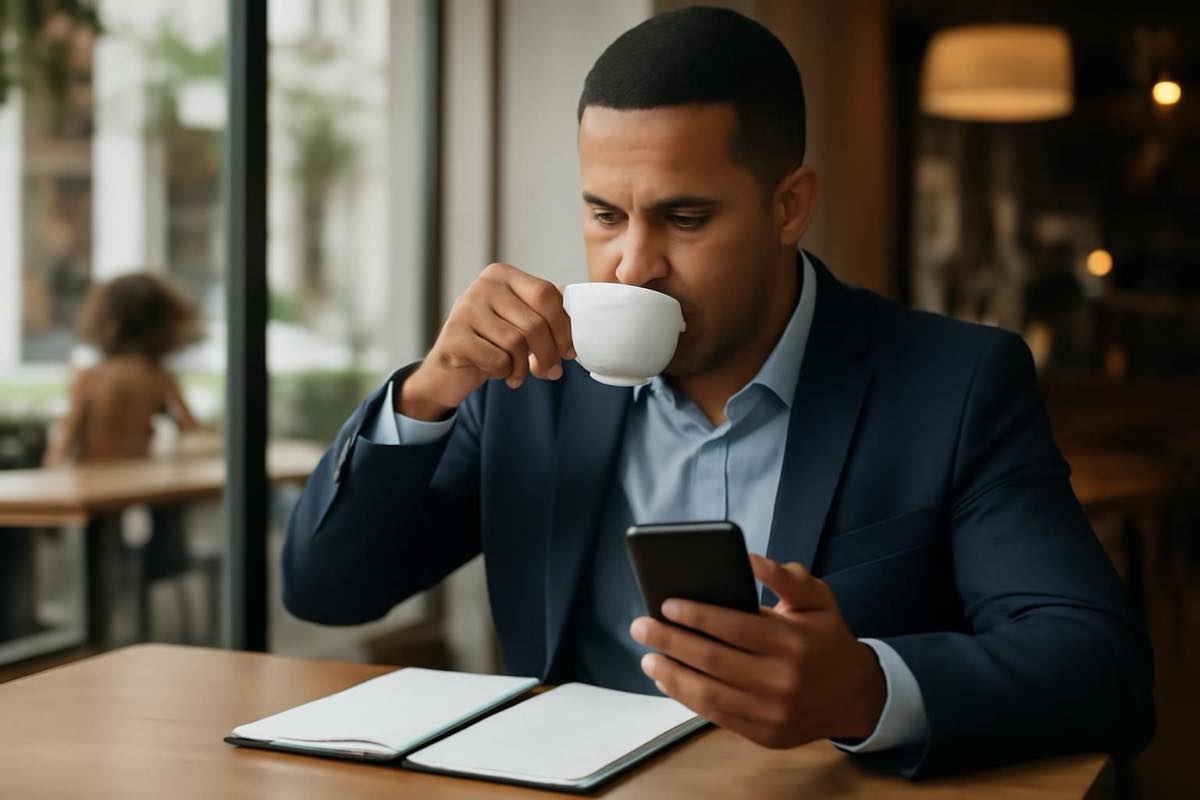 Empreendedor ocupado agendando compromissos no celular em uma cafeteria.