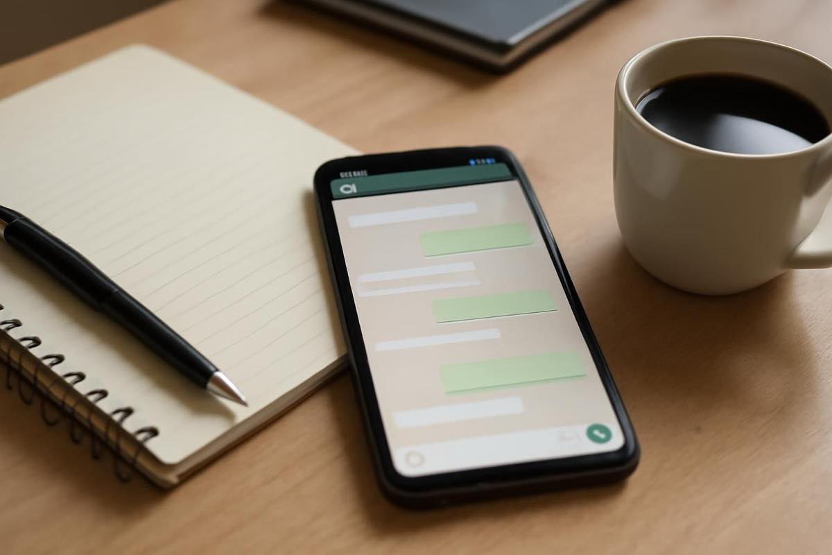 Celular sobre mesa de escritório organizada com café e agenda, simbolizando rotina profissional ativa.