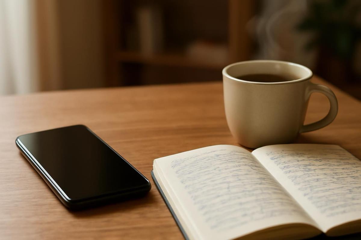 Celular sobre mesa ao lado de caderno aberto e café, cenário de trabalho em home office