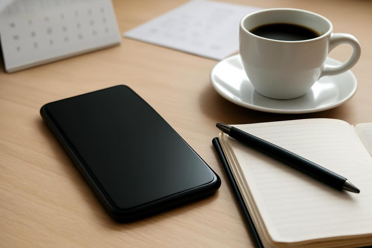 Celular sobre mesa organizada com caderno e café, mostrando rotina eficiente de profissional ocupado.