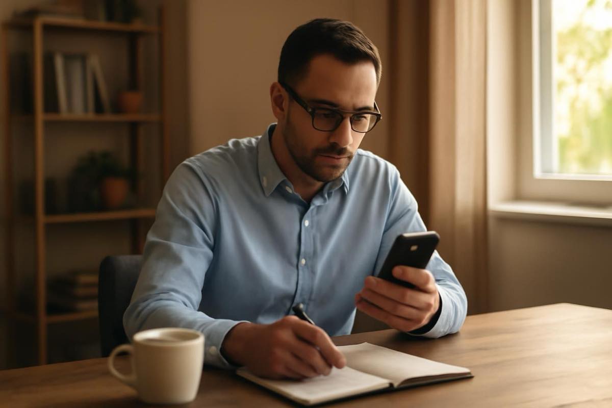 Profissional ocupado usando smartphone com agenda e café em mesa de home office