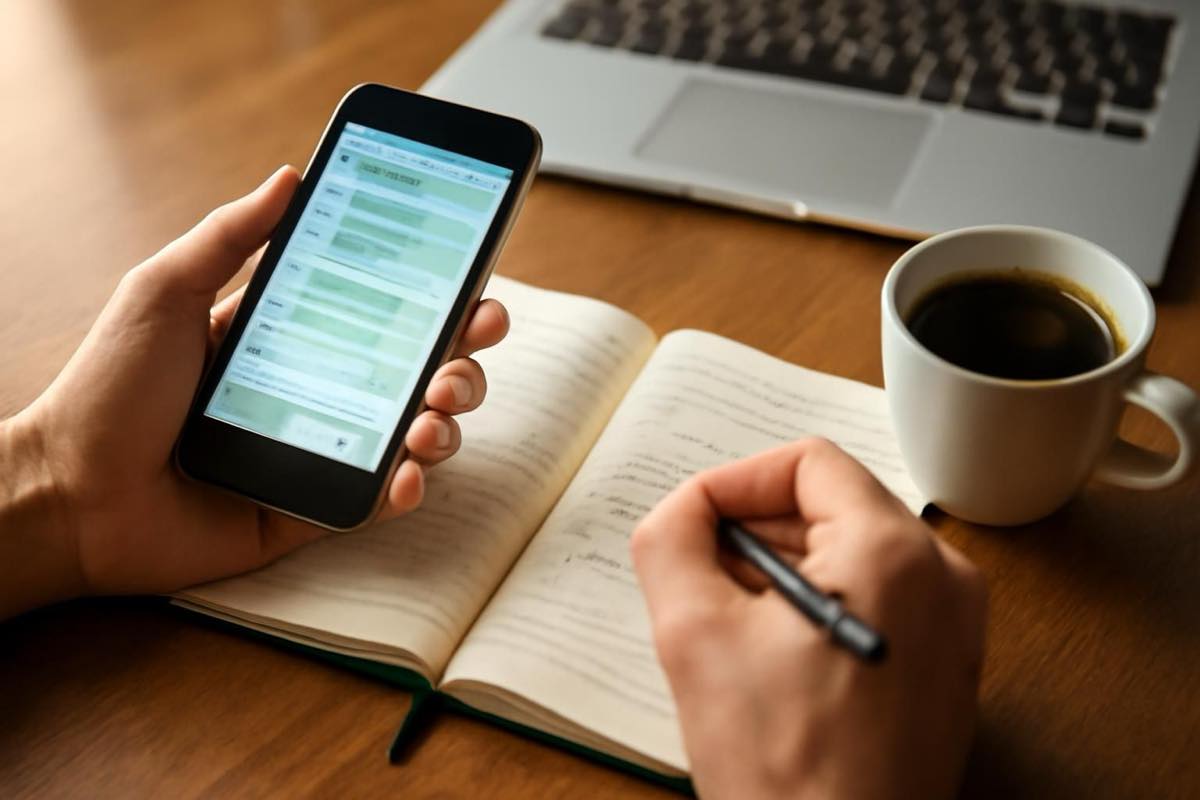 Mesa de home office com smartphone no WhatsApp, caderno e café, mostrando rotina organizada.