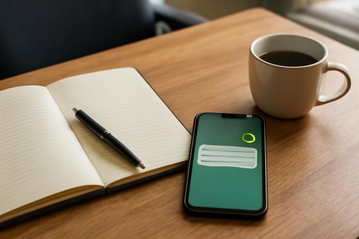 Mesa de trabalho com agenda aberta, celular com notificação do WhatsApp e café ao lado