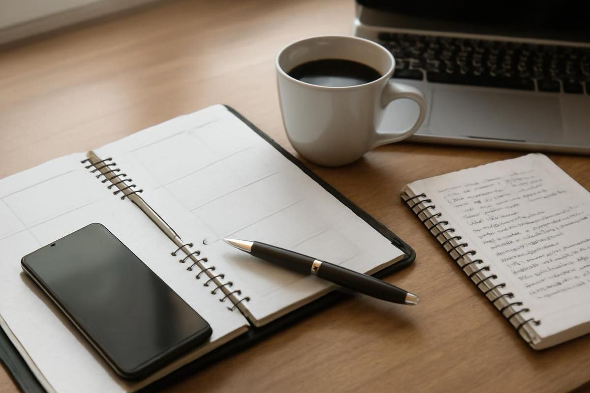 Mesa de trabalho com agenda, smartphone e café, representando rotina de profissional ocupado.