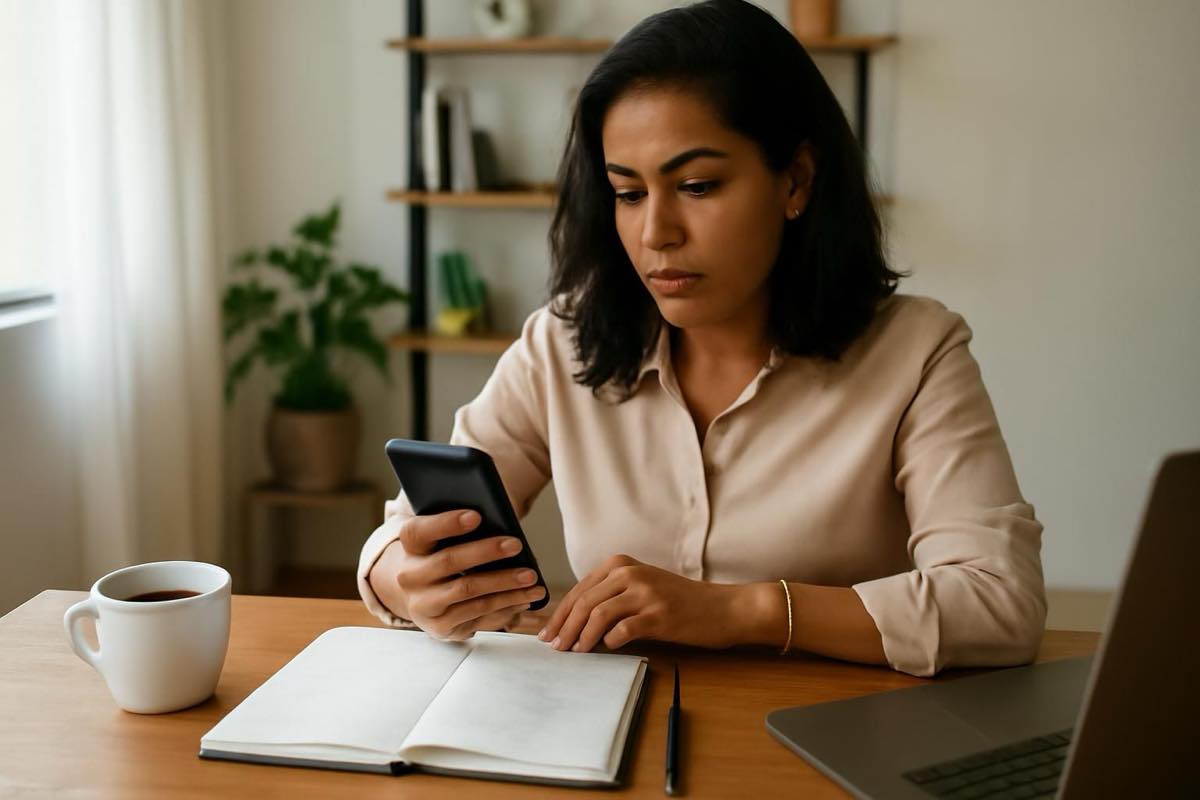 Profissional brasileiro organizando tarefas no home office com smartphone e agenda.
