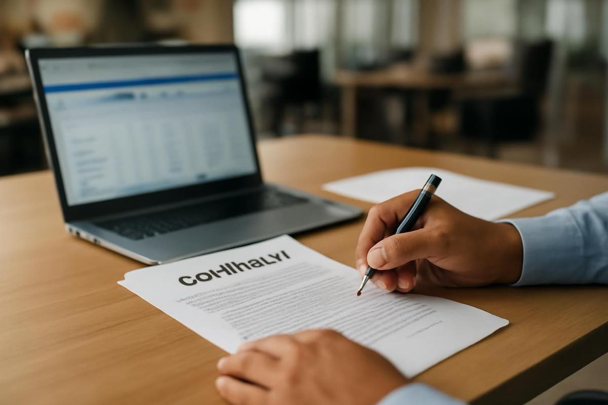 Mãos conferindo contratos e usando laptop com sistema ERP em escritório brasileiro.