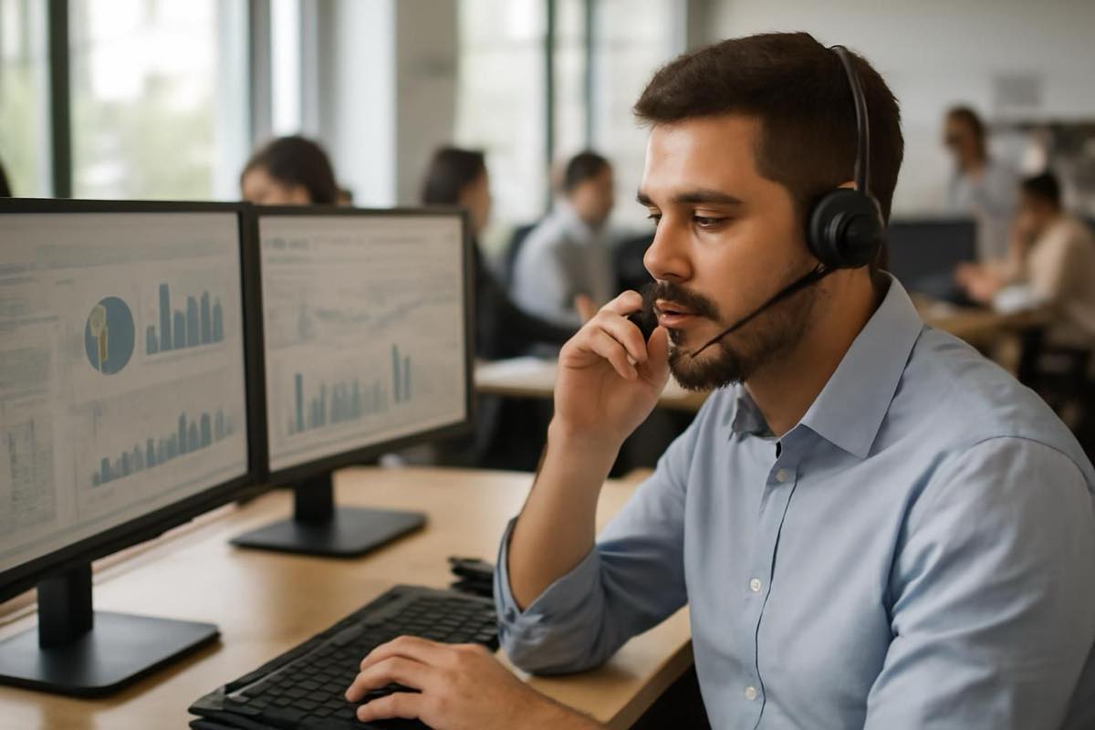 Profissional em escritório brasileiro falando ao telefone com telas mostrando dados de gestão