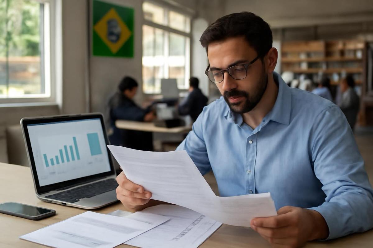 Profissional consultando documentos impressos e laptop com gráficos em escritório brasileiro.