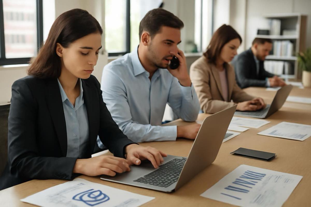 Escritório brasileiro com pessoas trabalhando em laptops e documentos organizados, mostrando controle de dados.