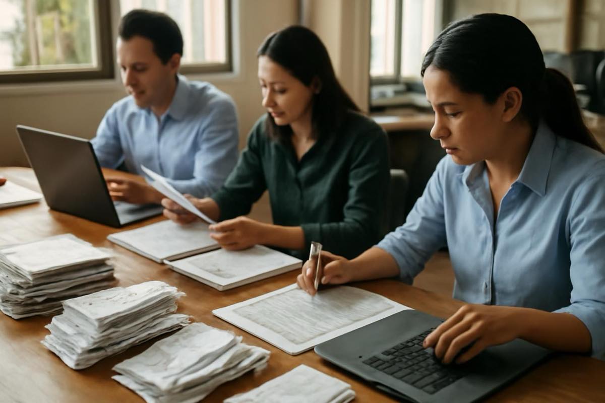 Ambiente de trabalho financeiro com laptops, extratos e comprovantes em papel para conciliação bancária manual.