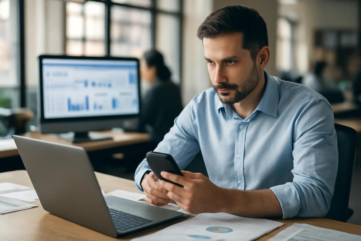 Profissional usando laptop e celular para integrar ERP ao WhatsApp em ambiente de escritório