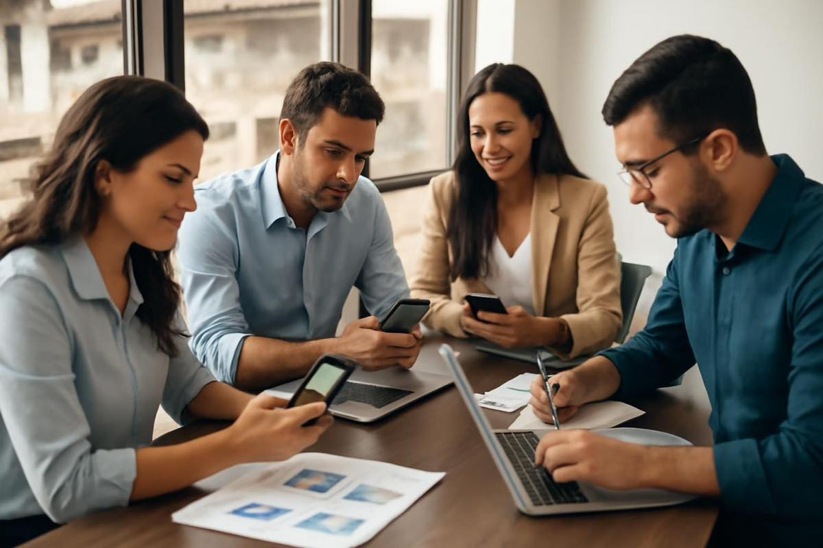 Equipe brasileira em escritório trabalhando com WhatsApp, laptops e materiais de marketing impressos.