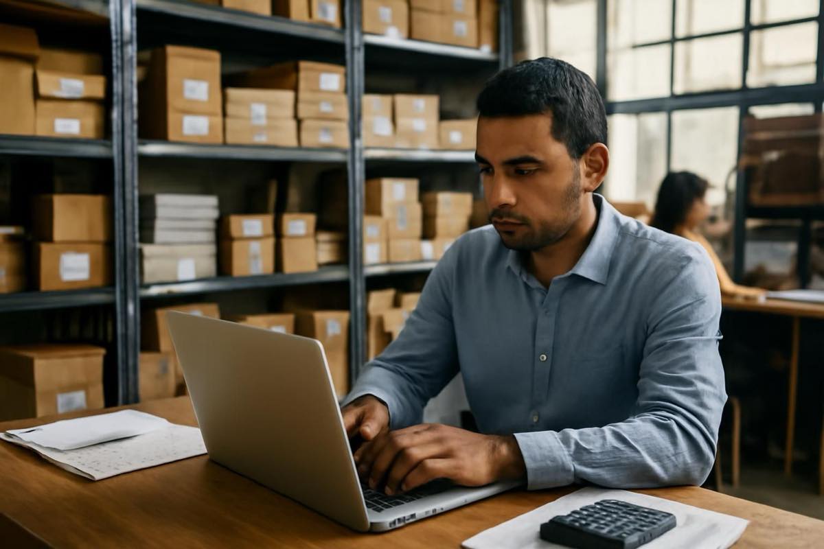 Funcionário mexendo em laptop em escritório de depósito com caixas e documentos ao redor.