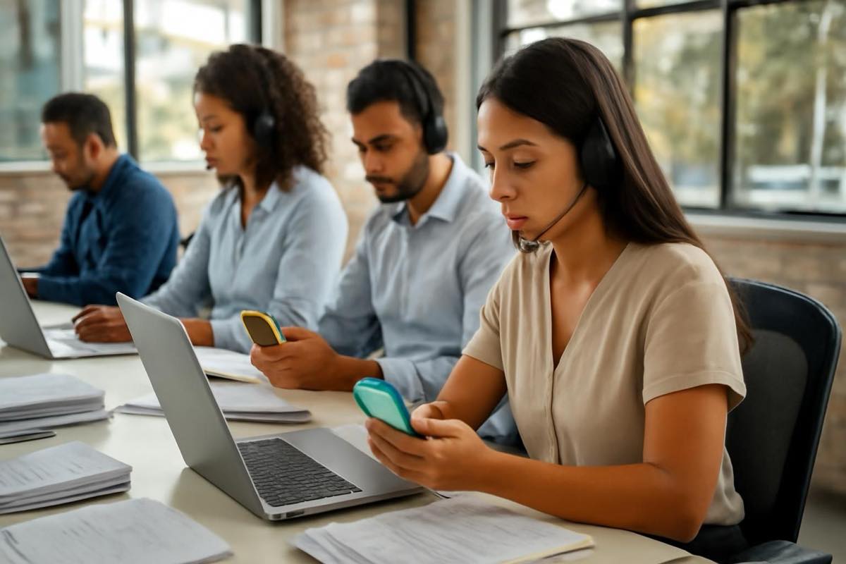 Equipe de atendimento usando laptops e celulares em escritório para pesquisa automática no WhatsApp.