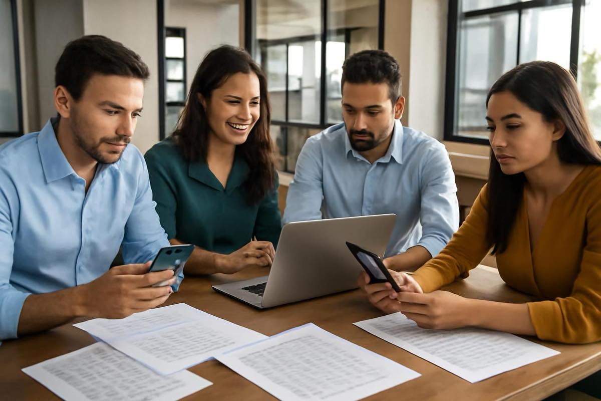 Equipe brasileira usando laptops, smartphones e papéis para atendimento via WhatsApp com IA.