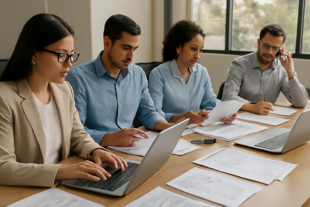 Equipe financeira brasileira trabalhando com documentos, laptops e extratos bancários organizados na mesa.