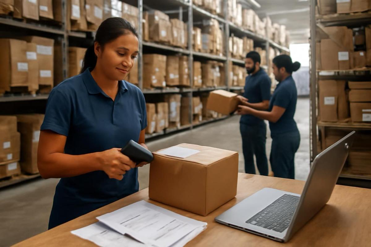 Funcionários em um armazém brasileiro usando scanners para automatizar processos logísticos.