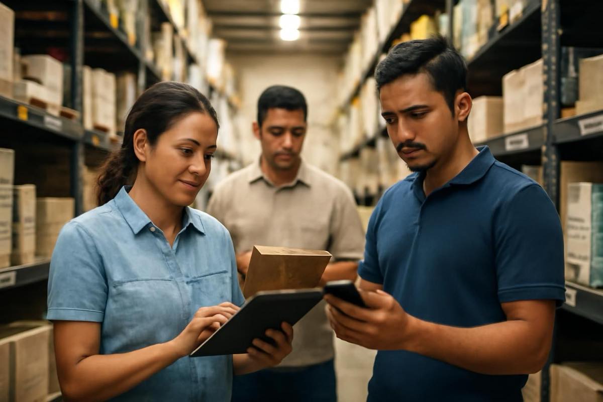Equipe em depósito usando tablets para conferir pedidos e inventário de forma digital e integrada