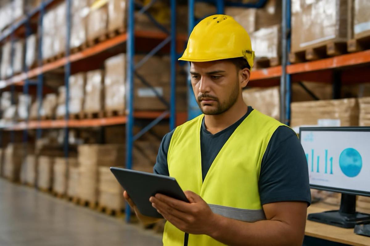 Funcionário de depósito conferindo estoque com tablet entre prateleiras organizadas.