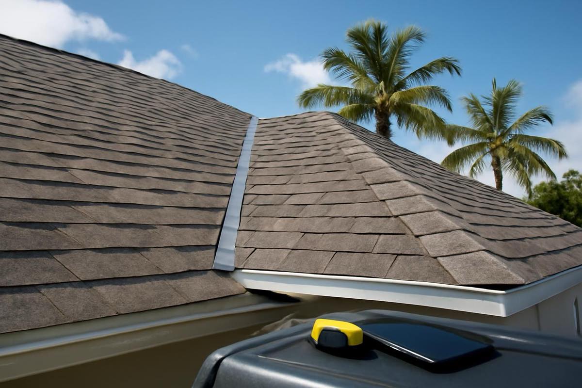 Asphalt shingle roof with roofing tools on pickup tailgate under clear Florida sky
