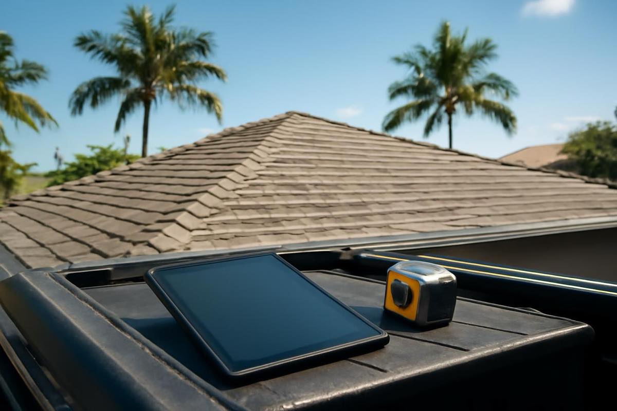 Tablet and tape measure on pickup tailgate next to asphalt shingle roof under clear sky