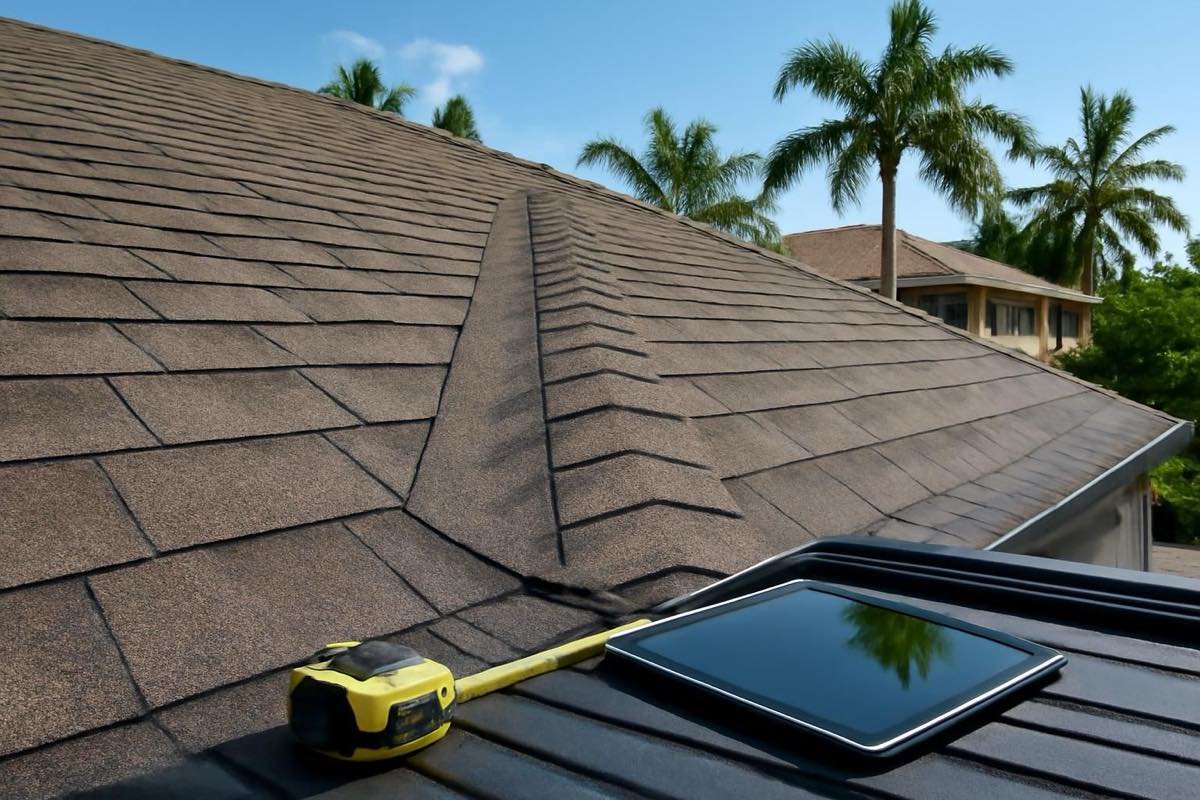 Laminated asphalt shingle roof with roofing tools on pickup tailgate in sunny Florida setting