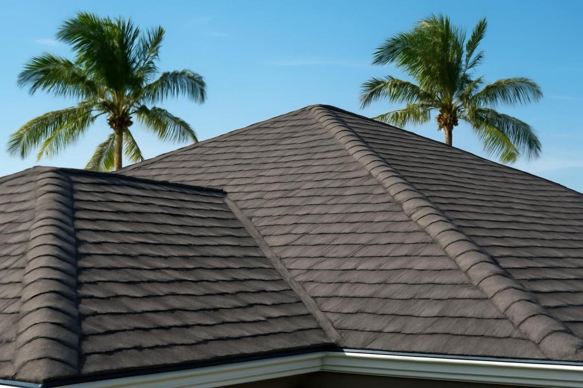 Close-up of an asphalt shingle roof with ridge and drip edge in Florida after a storm.