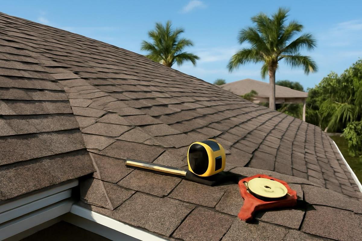 Close-up of laminated asphalt shingle roof with tape measure and pitch gauge on shingles