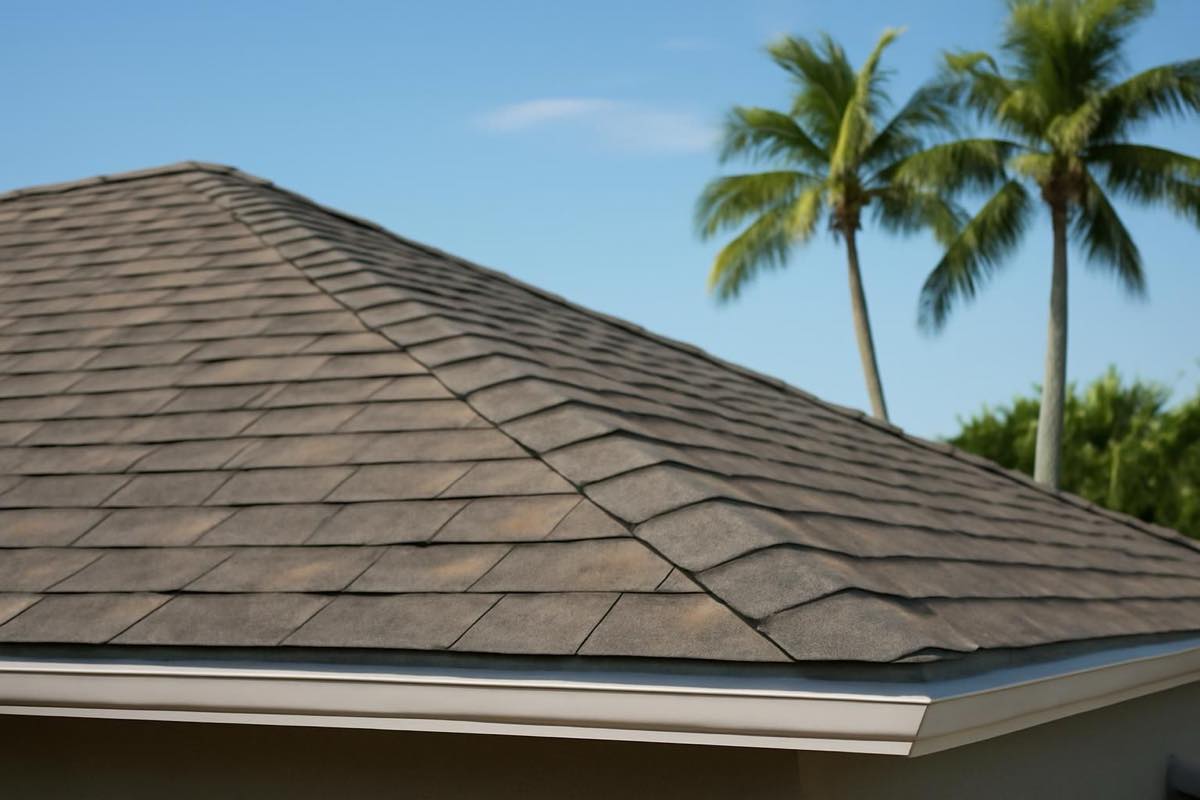 Laminated shingle roof with ridge caps and drip edge in sunny Florida environment.