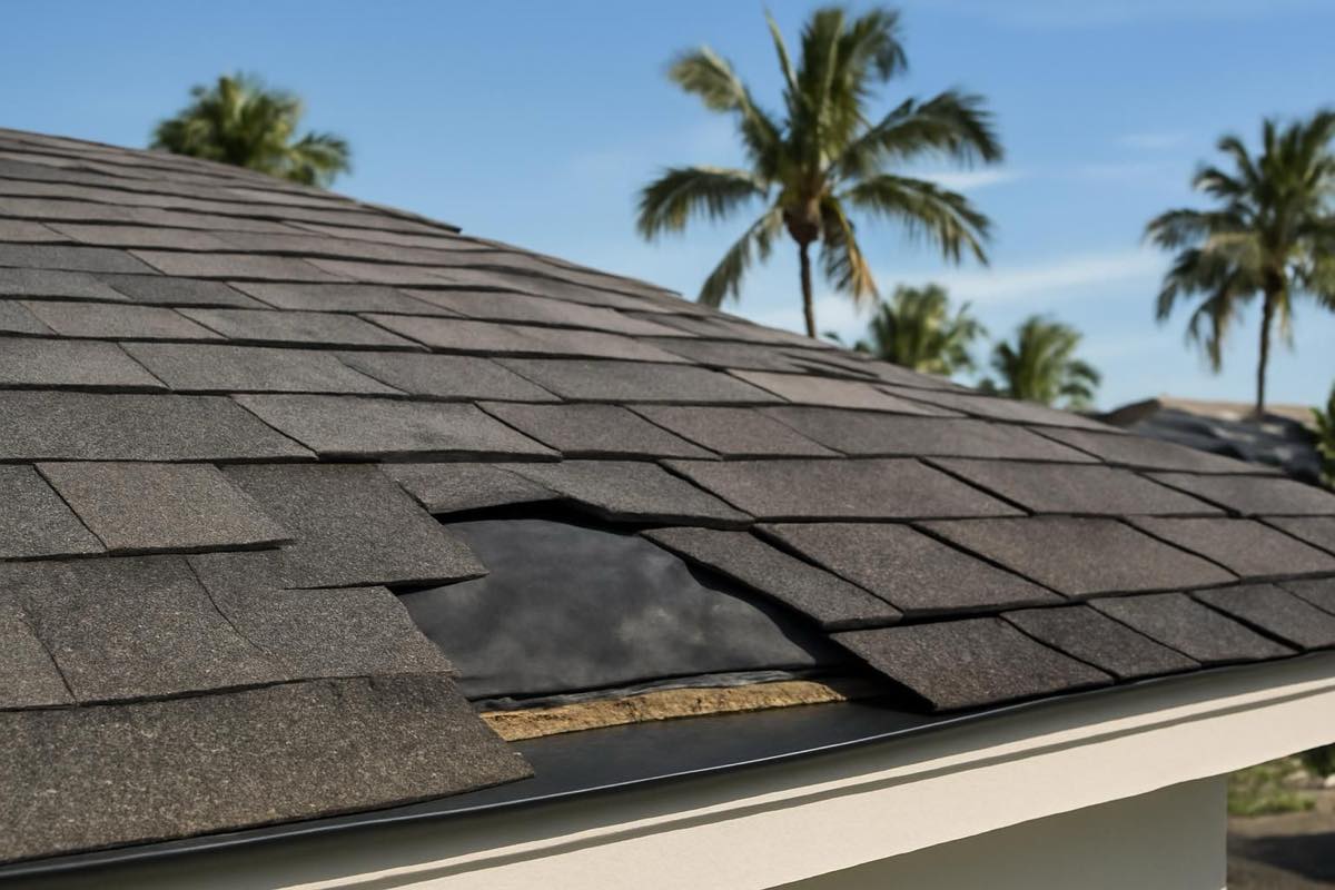 Florida asphalt shingle roof with starter strip, drip edge, underlayment after storm