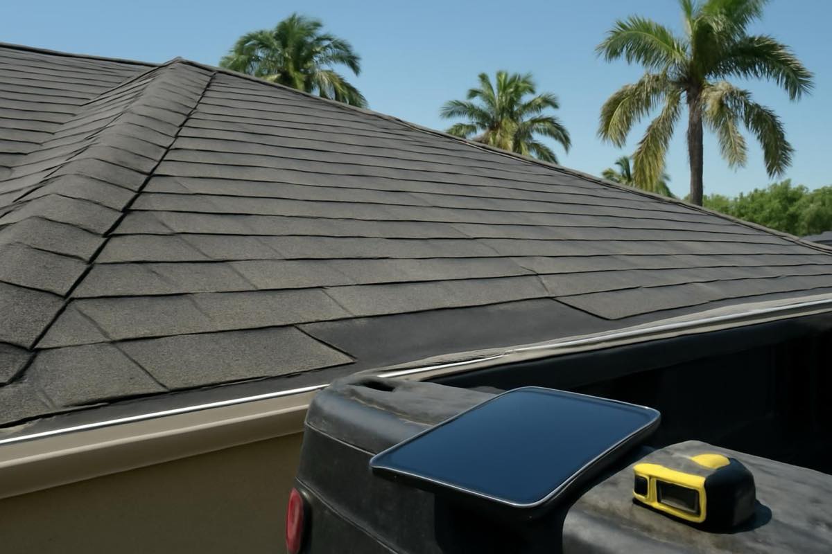 Asphalt shingle roof with detailed components and roofer's tools on pickup tailgate in Florida