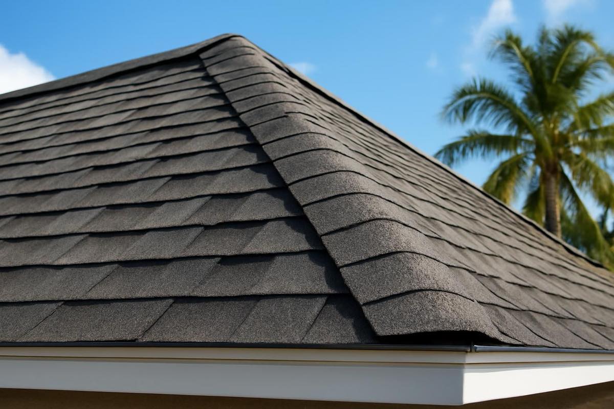Steep asphalt shingle roof section with ridge and drip edge under clear sky and palm trees.