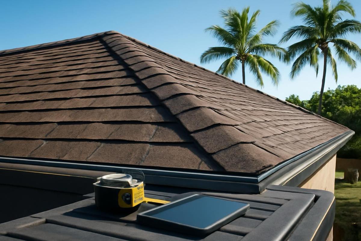 Asphalt shingle roof with ridges, drip edge, and tablet on truck tailgate in Florida after storm.