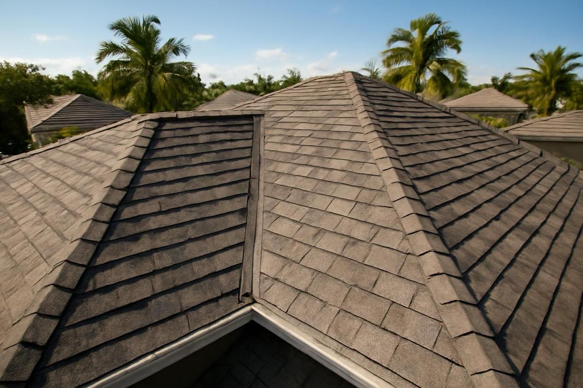 Aerial view of asphalt shingle roof with ridge caps and valleys under clear Florida sky