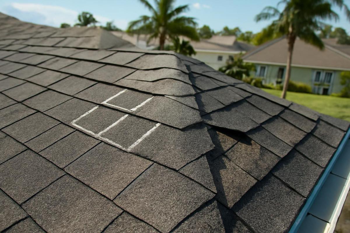 Roof with chalk test squares and torn shingles near drip edge after a Florida storm