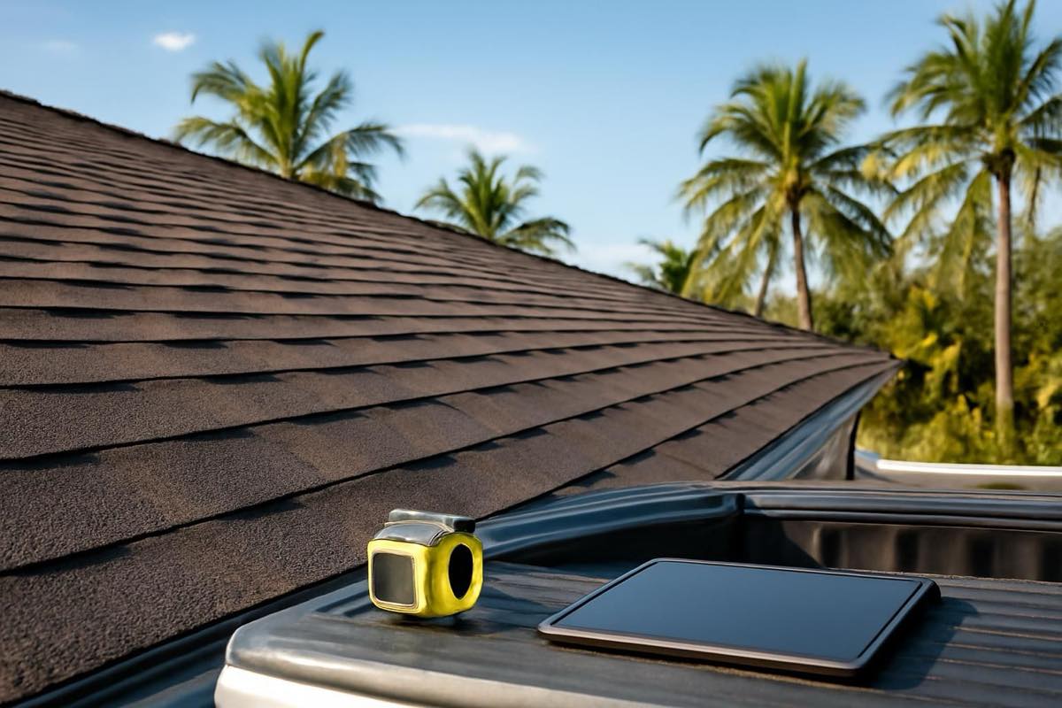 Asphalt shingle roof with roofing tools on pickup tailgate in Florida.