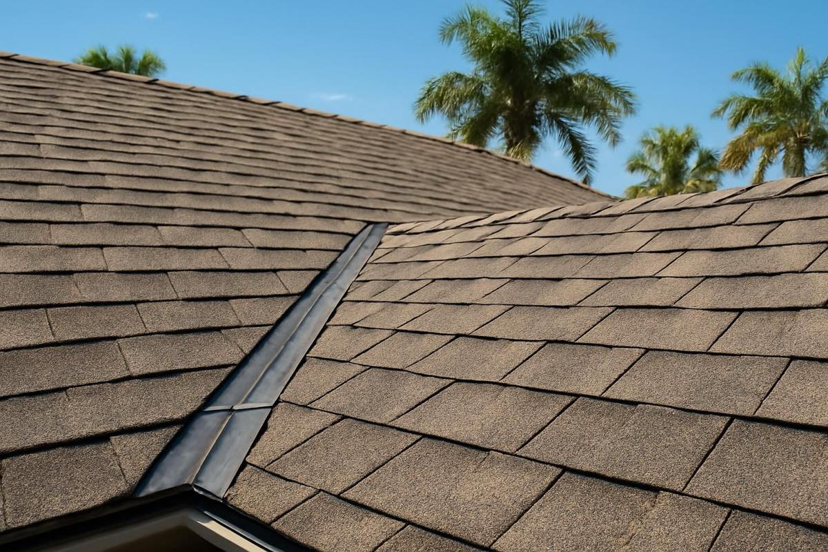 Laminated asphalt shingle roof ridge and valleys under clear Florida sky with palm trees.