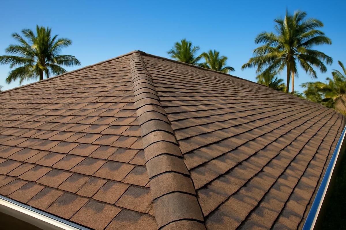 Laminated asphalt shingle roof with ridge caps and drip edge under clear Florida sky