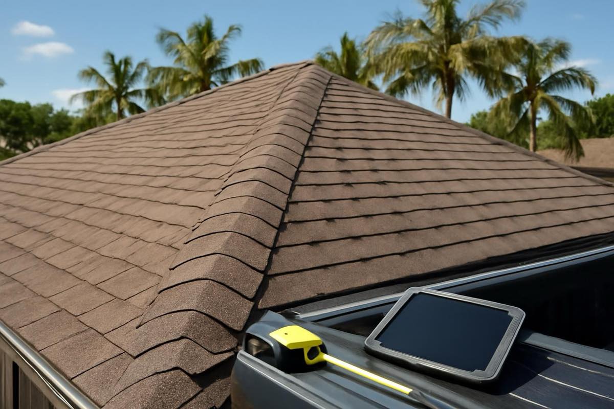Laminated asphalt shingle roof with ridge and valleys, roofer’s tools on truck tailgate in sunny Florida