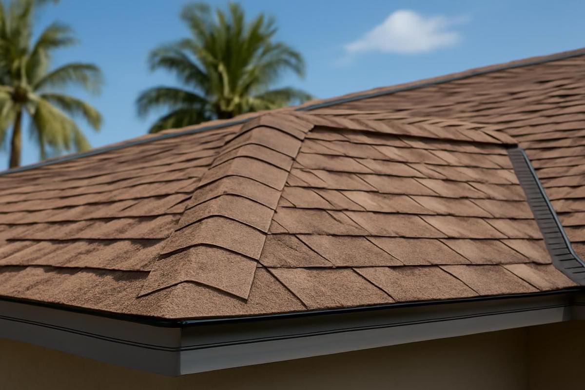 Asphalt shingle roof with ridge caps and drip edge under clear Florida sky and palm trees