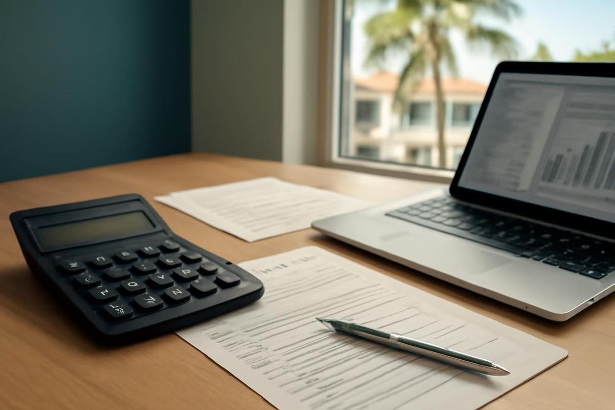 Office desk with calculator and laptop displaying financial spreadsheets for tax planning.