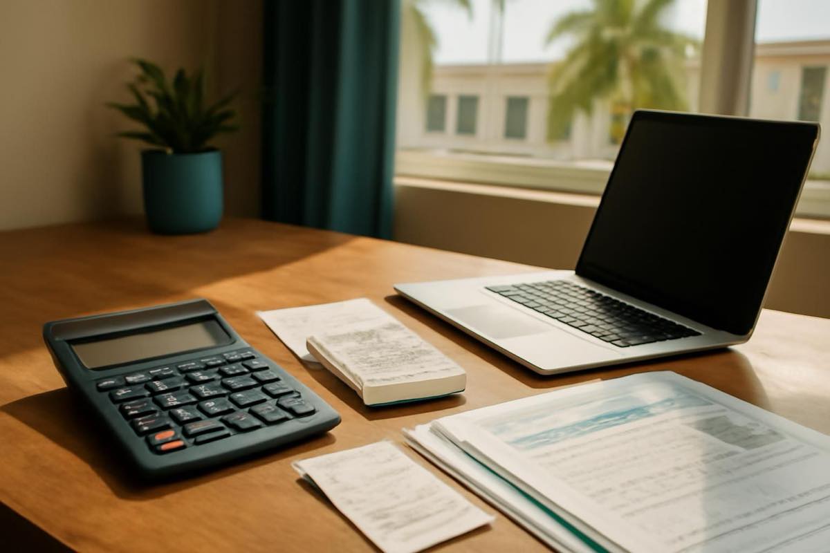 Desk with calculator, receipts, and laptop ready for year-end business expense review