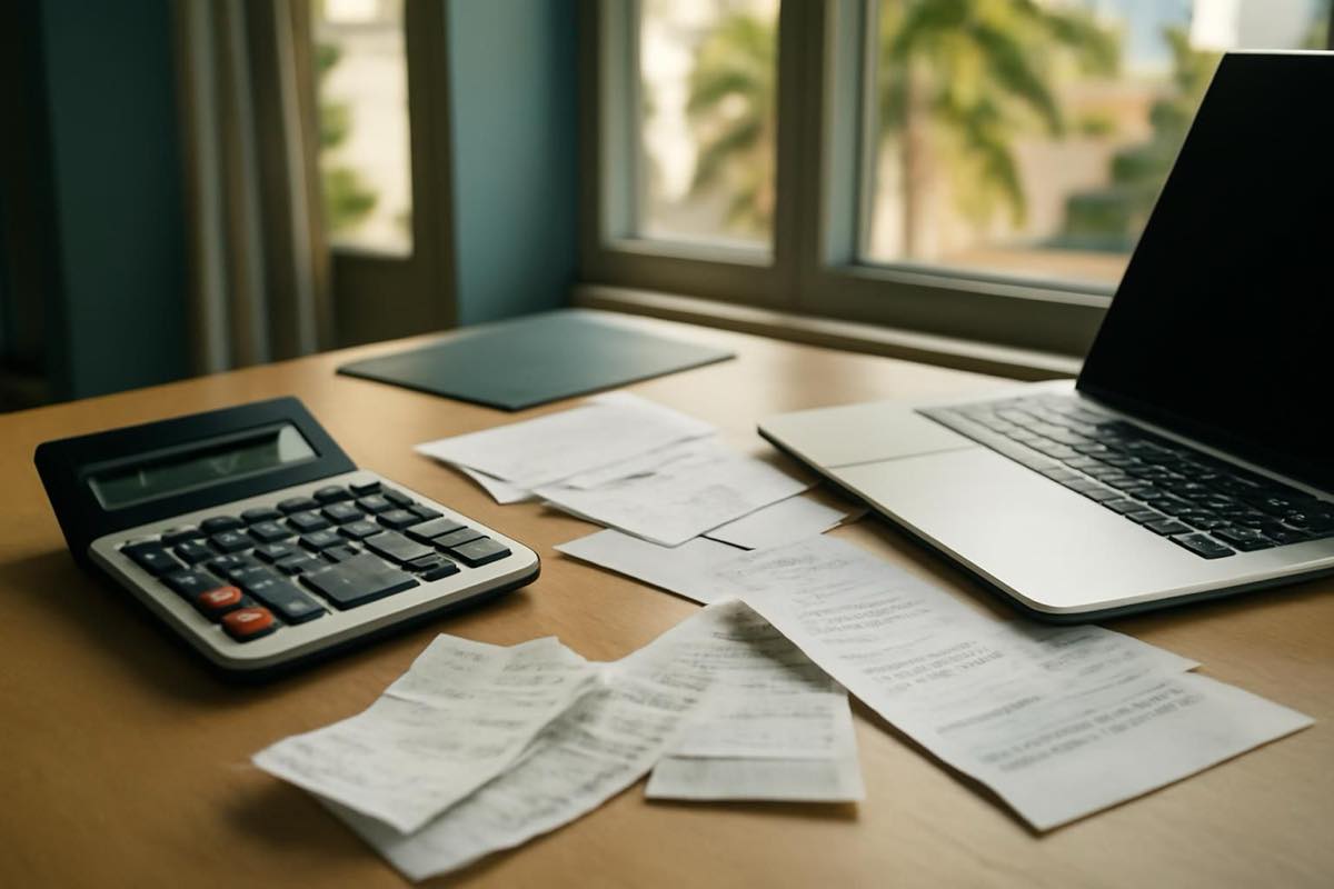 Office desk with calculator and receipts illustrating tax deduction planning.