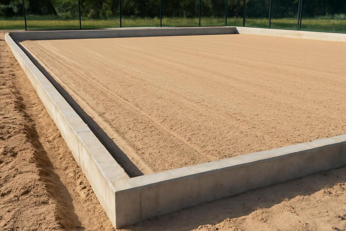 Base de quadra de beach tennis com terraplanagem e drenagem visíveis em obra profissional