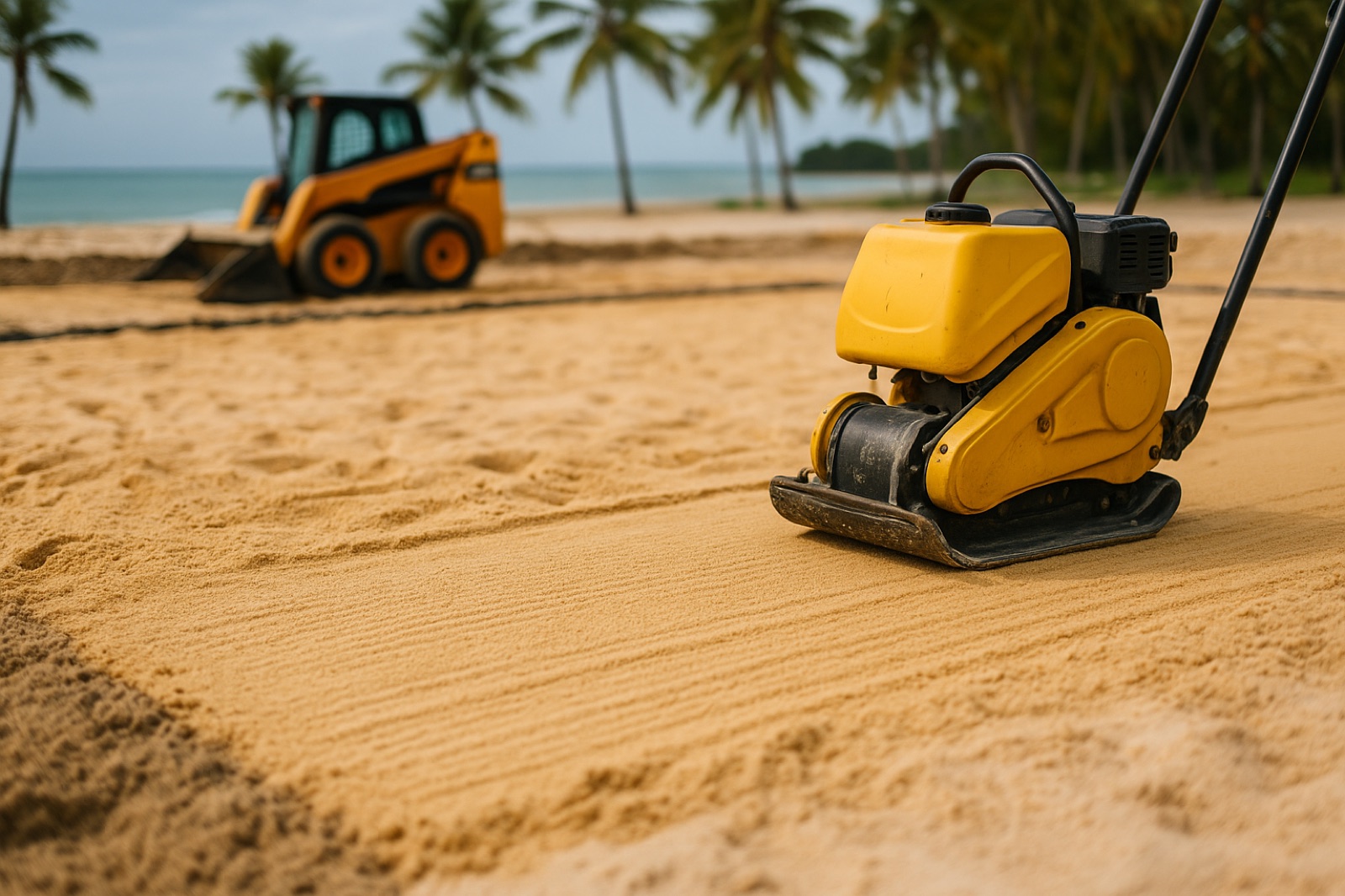 Preparação e terraplanagem de quadra de beach tennis em construção no Brasil.