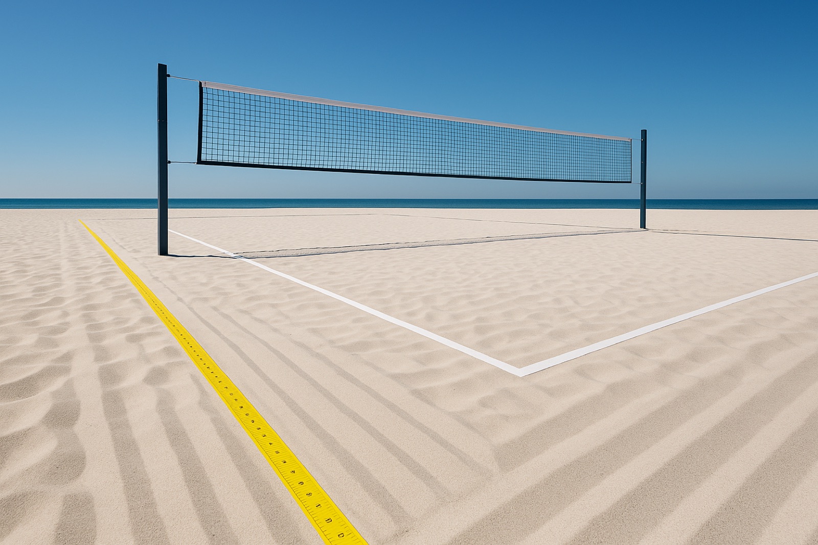 Quadra de beach tennis com trena amarela medindo a linha lateral