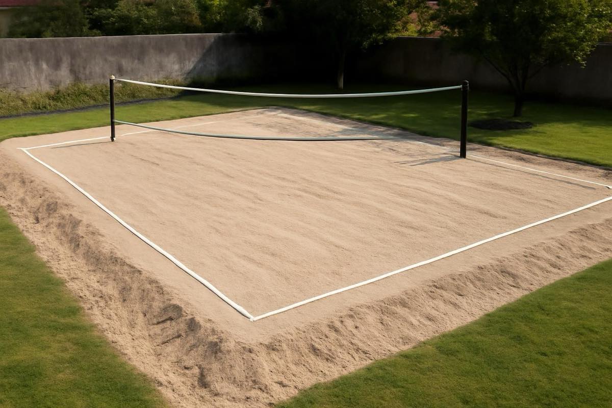 Quadra de beach tennis pronta no quintal com areia nivelada e espaços de segurança visíveis.